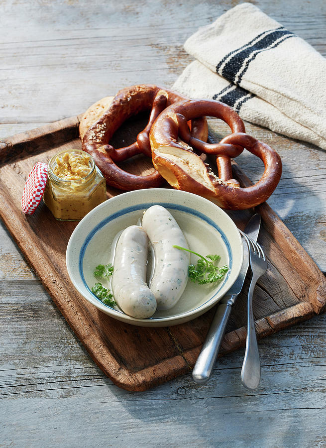 White Sausages With Pretzels And Sweet Mustard Photograph by Stefan Schulte-ladbeck