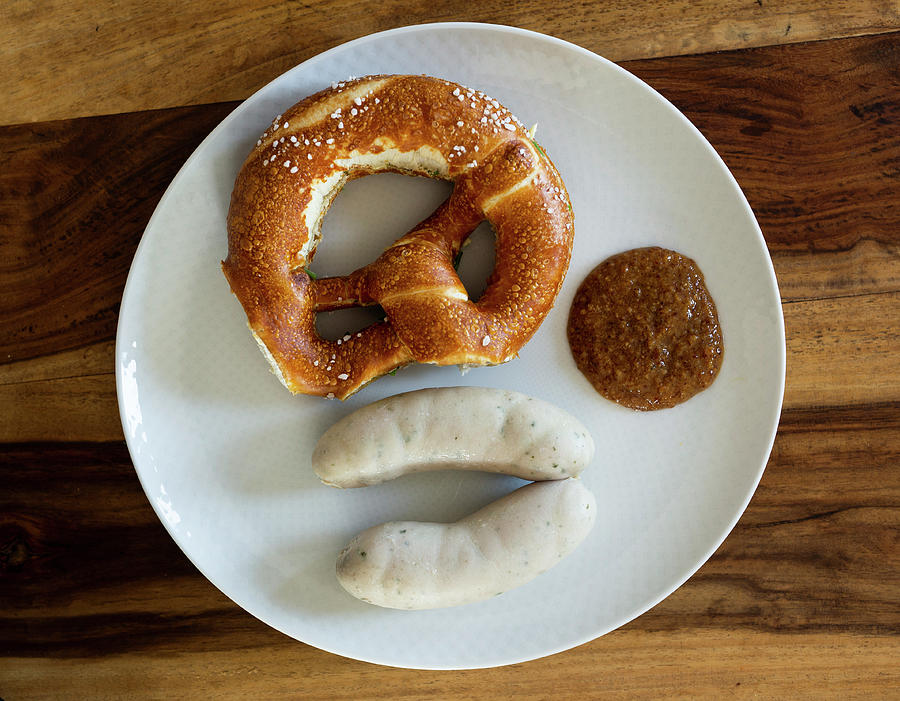 White Sausages With Sweet Mustard And A Pretzel Photograph by Nicole Godt