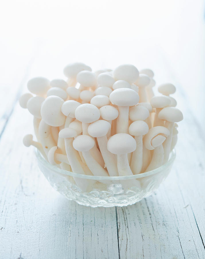 White Shimeji Mushrooms In A Glass Bowl Photograph by Udo Einenkel