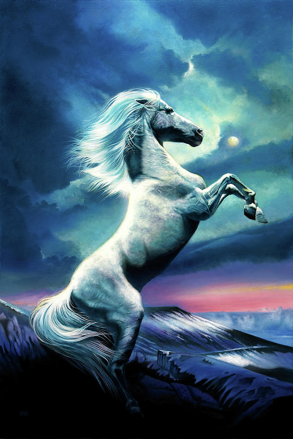 Sunset Painting - White Stallion by John Rowe
