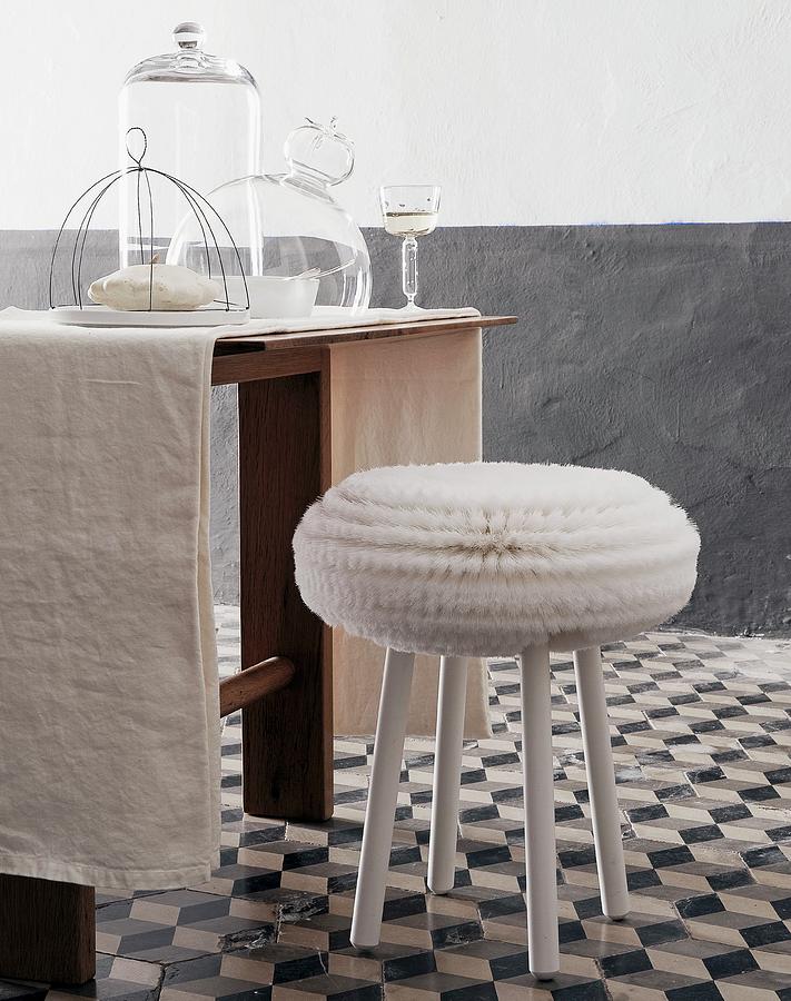 White Stool On Grey And White Floor Tiles At Table With Glass Covers And Glass Of White Wine Photograph by Frederic Vasseur