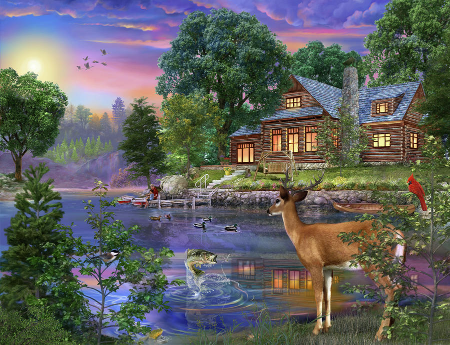 Parenthood Movie Painting - White Tail Deer Lakehouse by Bigelow Illustrations