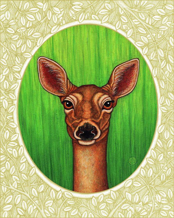 White Tailed Doe Portrait - Cream Border Painting by Amy E Fraser