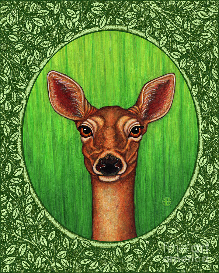 White Tailed Doe Portrait - Green Border Painting by Amy E Fraser