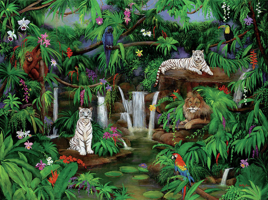 Jungle Painting - White Tigers by Betty Lou