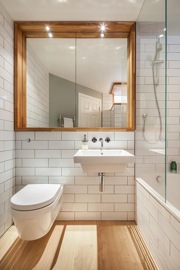 White-tiled Bathroom With Square Mirror In Niche And Glass Shower Screen Photograph by Simon Maxwell Photography