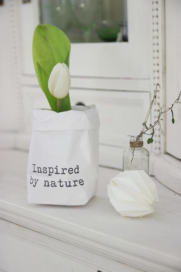 White Tulips In Hand-made, Printed Paper Bags Photograph by Astrid Algermissen