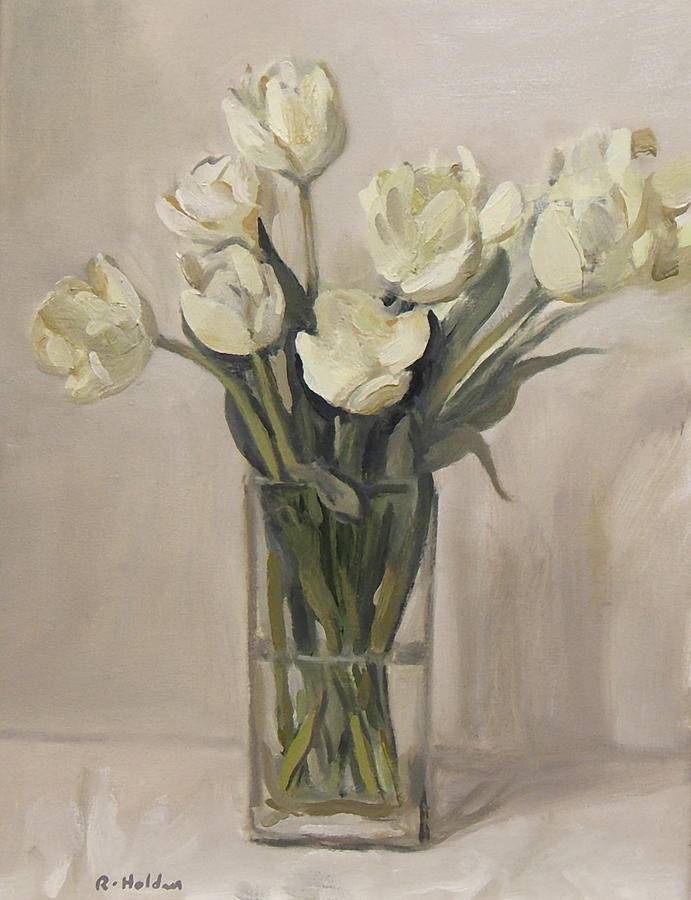 White Tulips In Rectangular Glass Vase Painting By Robert Holden Pixels