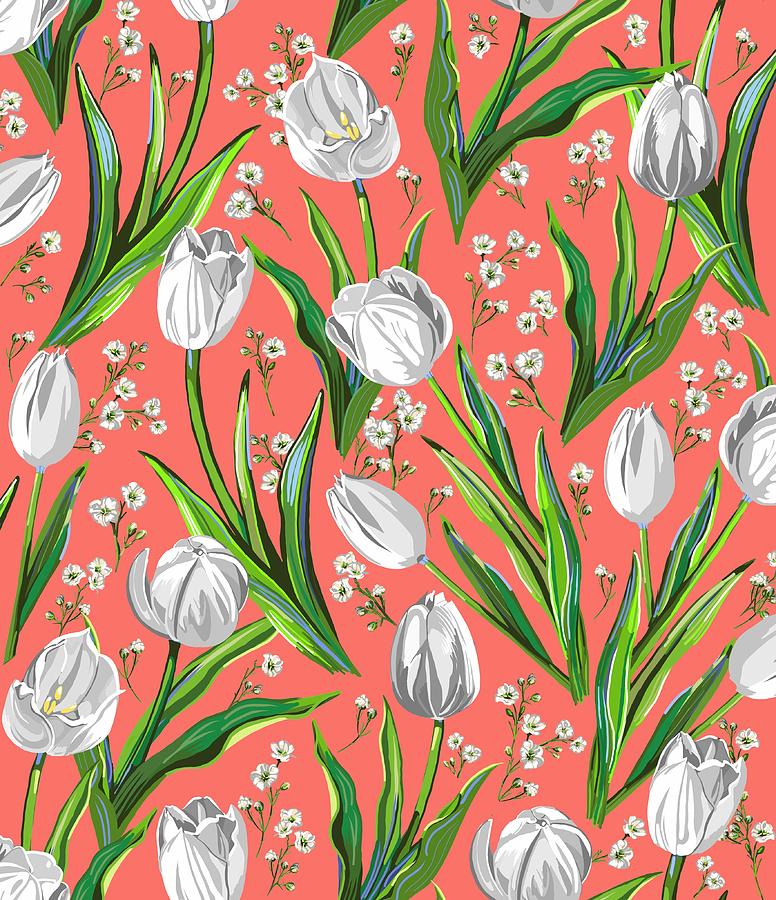 White Tulips on Living Coral Drawing by L Diane Johnson