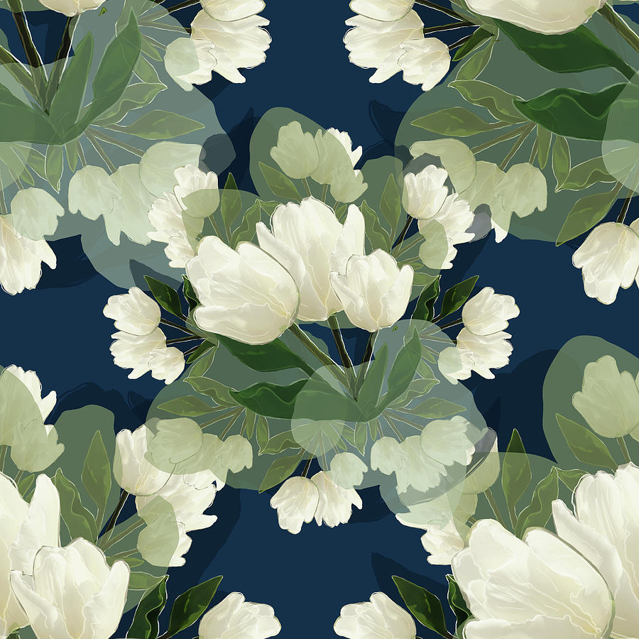 White Tulips - on dark blue Mixed Media by BFA Prints