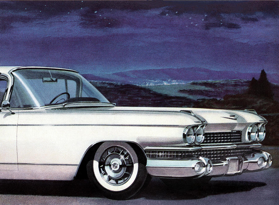 Transportation Drawing - White Vintage Car at Night by CSA Images
