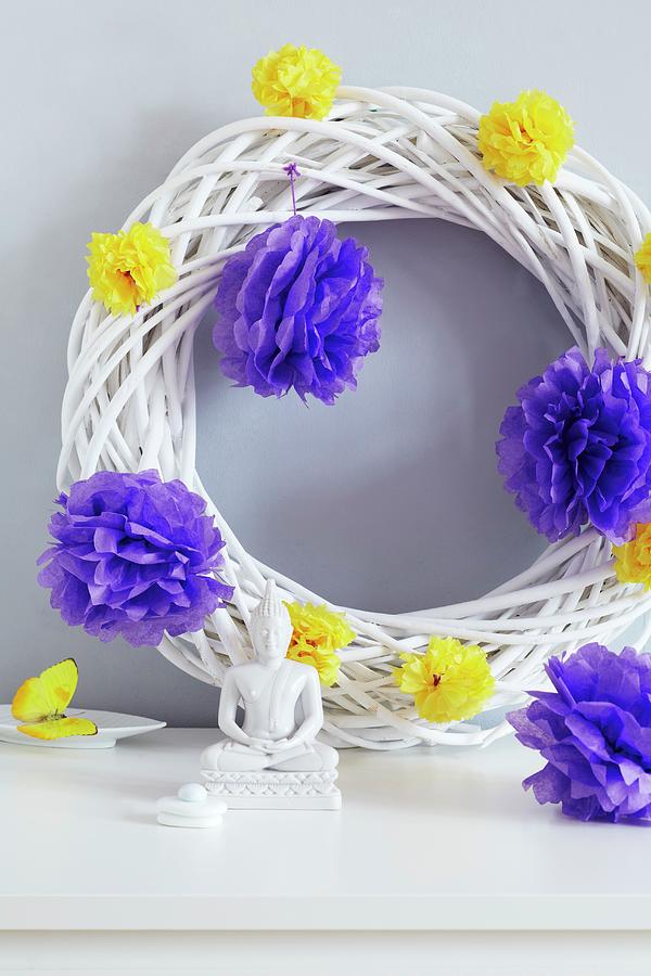 White Wicker Wreath Decorated With Tissue Paper Pompoms Photograph by Franziska Taube