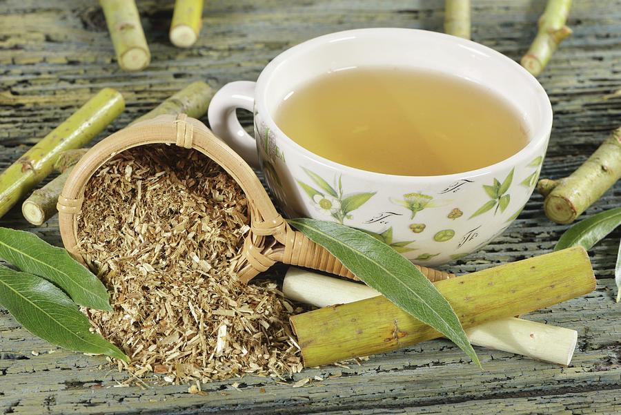 White Willow Tea With Ingredients twigs, Bark, Leaves Photograph by Otmar Diez