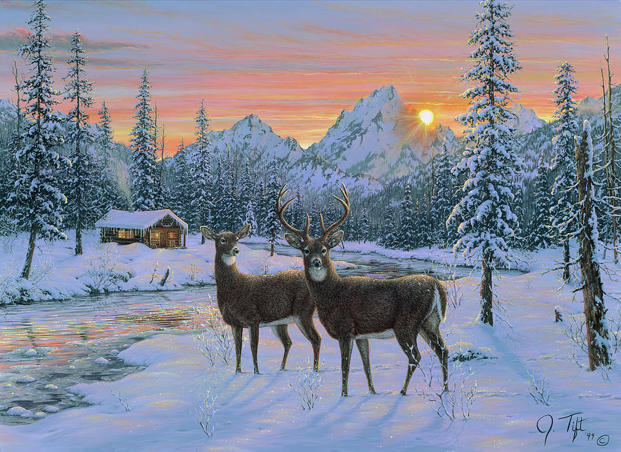 Deer Painting - Whitetail & Cabin by Jeff Tift