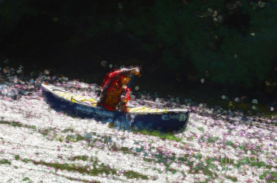 Whitewater canoe in fast river - painterly Photograph by Les Palenik
