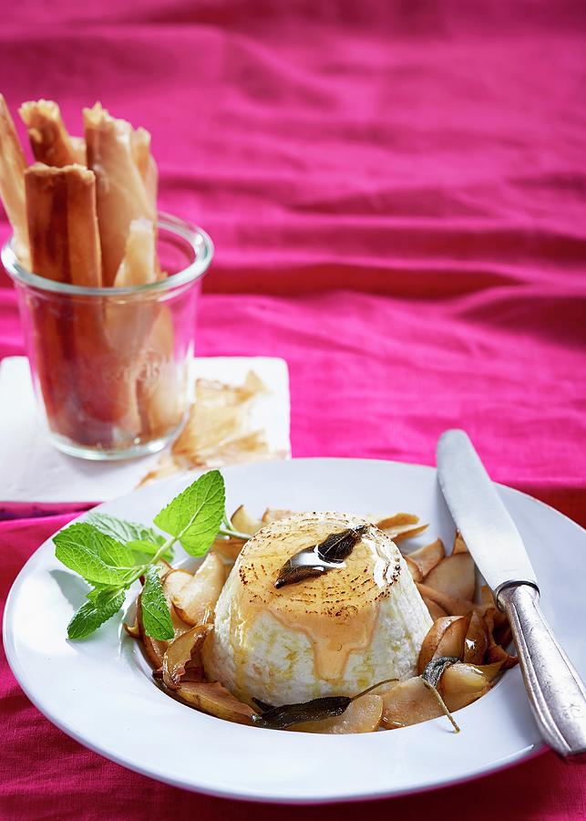 Whole Baked Ricotta With Roasted Pears, Sage And Filo Cigars Photograph by Great Stock!