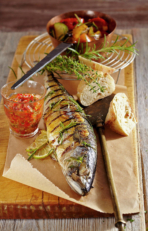 Whole Grilled Herb Mackerel With Red Salsa, Grilled Vegetables And White Bread Photograph by Teubner Foodfoto