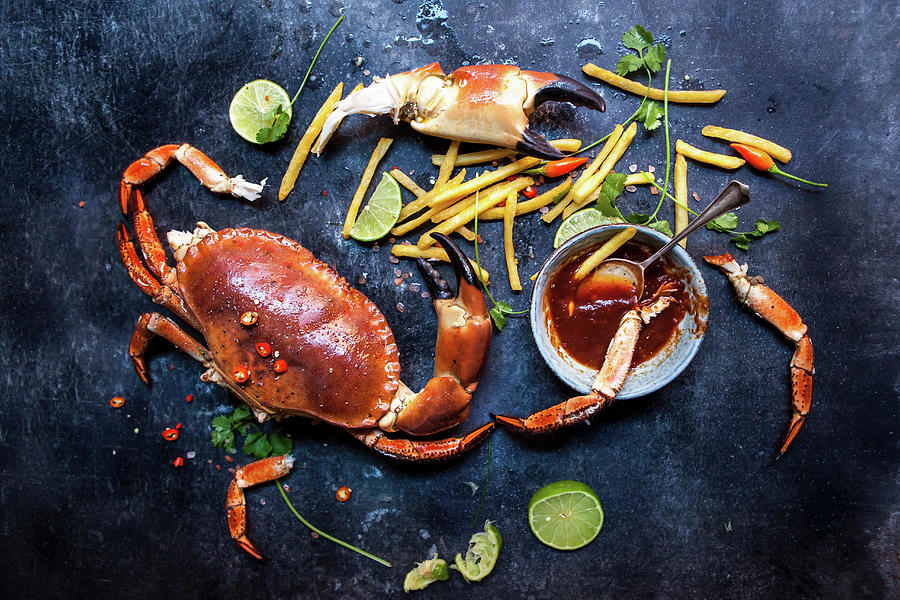 Whole Portland Crab With Fries And A Spicy Sauce Photograph by Lara Jane Thorpe