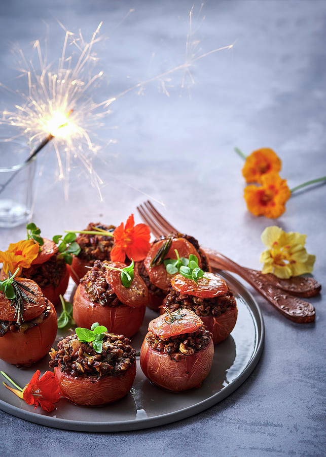 Whole Tomatoes Stuffed With Lentils, Pecans And Hazelnuts Photograph by Great Stock!