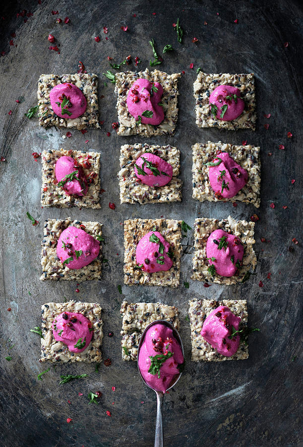 Wholemeal Crackers With A Vegan Beetroot And Cashew Nut Spread Photograph by Kati Neudert