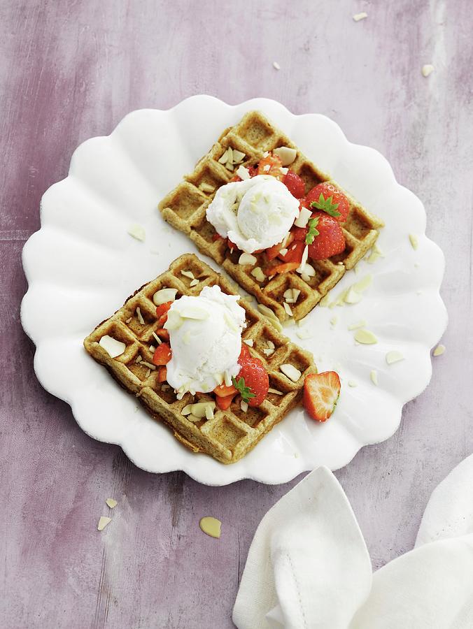 Wholemeal Waffles With Flacked Almonds, Strawberries And A Scoop Of Ice Cream seen From Above Photograph by Mikkel Adsbl
