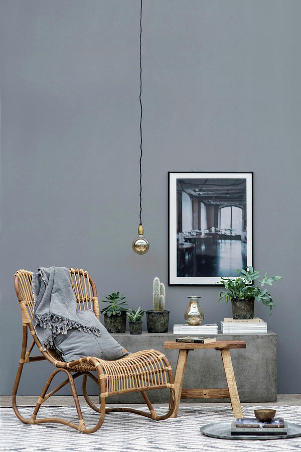 Wicker Chair And Plants On Stone Bench Against Grey Wall Photograph by Magdalena Bjrnsdotter