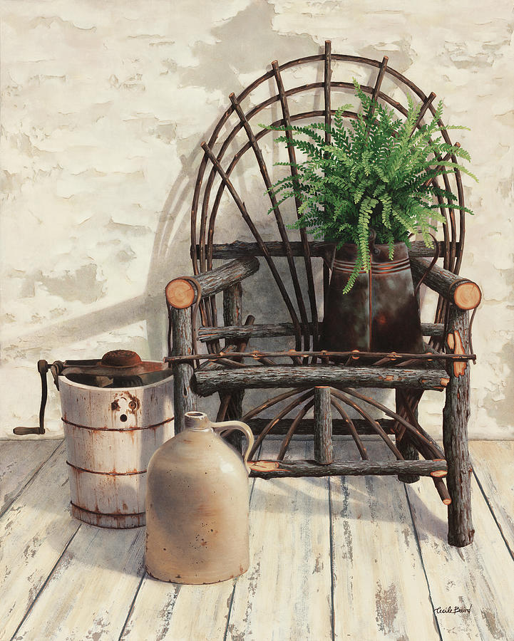 Wicker Chair With Ice Cream Churn Painting by Cecile Baird
