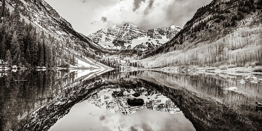 Wide Angle Maroon Bells Panoramic Landscape - Sepia Photograph by Gregory Ballos