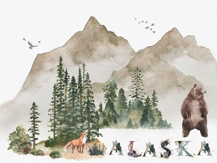 Wild Alaska Travel Poster v2 Painting by Celestial Images