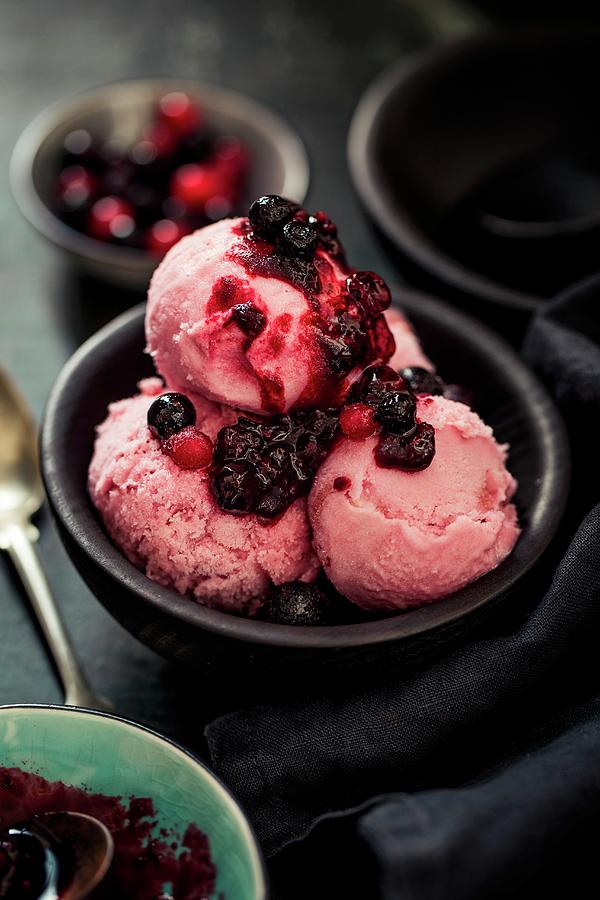 Wild Berry Ice Cream With Wild Berry Jam Photograph by Valeria Aksakova
