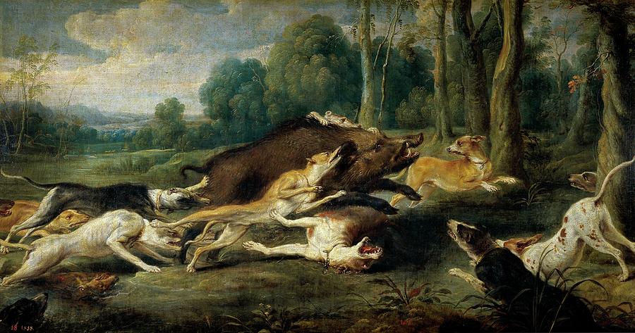 Wild Boar Hunt, 16th-17th century, Flemish School, Oil on canvas, 79 cm x 145 c... Painting by Frans Snyders -1579-1657-