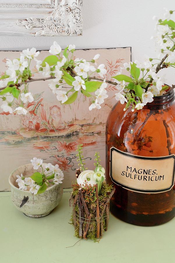 Wild Cherry Blossom In Ceramic Bowl And Apothecaries Jar, Ranunculus In Jam Jar Wrapped In Twigs And Antique Enamel Sign Photograph by Revier 51