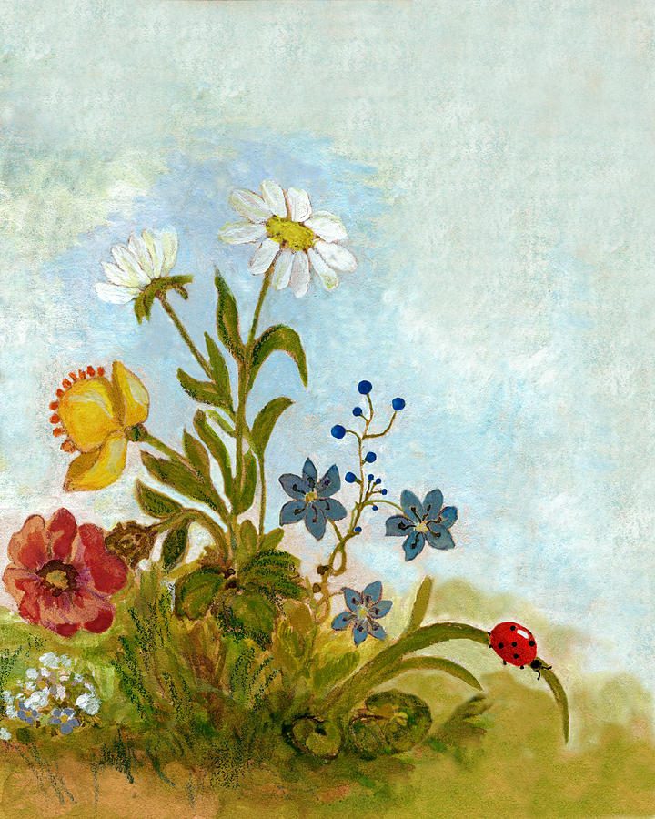 Wild Flowers And Ladybird Watercolor Digital Art by Mitza