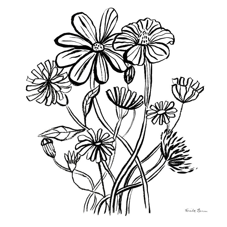 Black And White Painting - Wild Flowers Line I by Farida Zaman