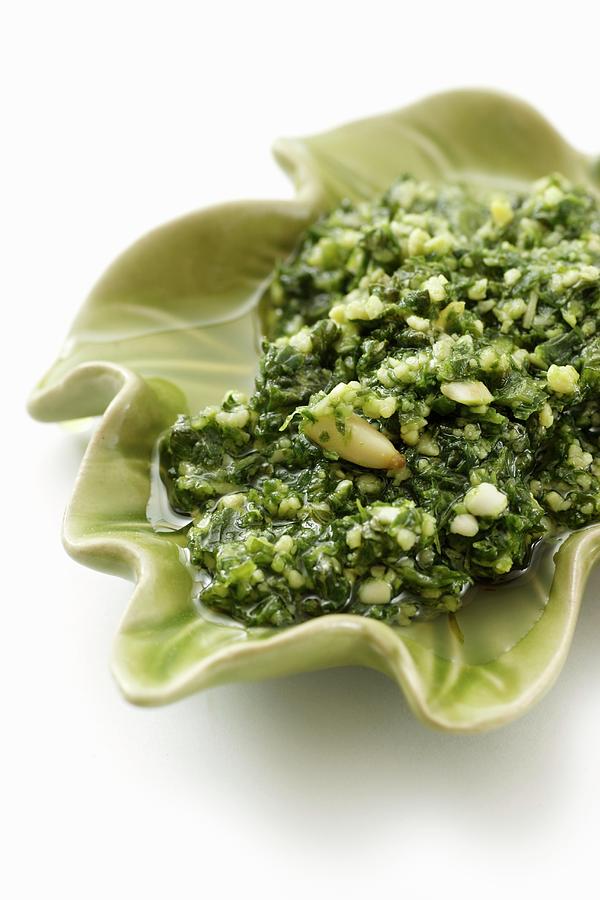 Wild Garlic Pesto In A Leaf-shaped Dish Photograph by Petr Gross