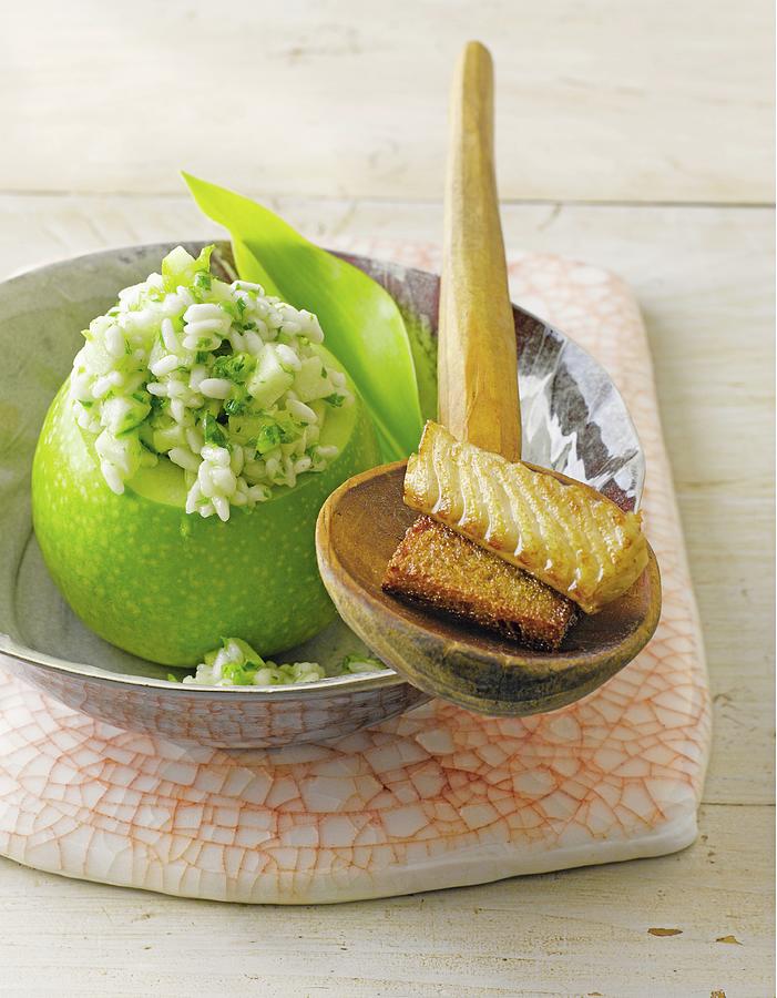 Wild Garlic Risotto Served In A Hollowed Out Apple With Smoked Eel Photograph by Jalag / Jan C. Brettschneider
