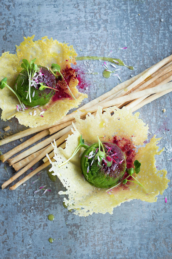 Wild Garlic Sorbet In Parmesan Dishes Photograph by Eising Studio