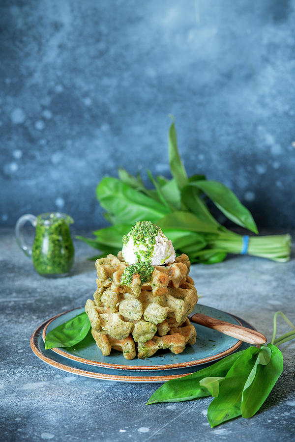Wild Garlic Waffles With Cream Cheese Photograph by Irina Meliukh