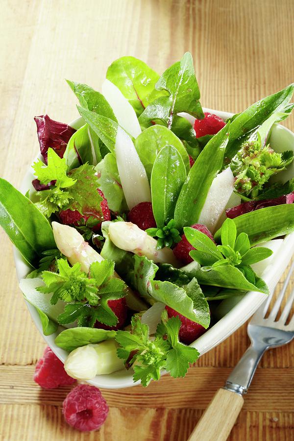 Wild Herb Salad With Asparagus And Raspberries Photograph by Bjrn Llf