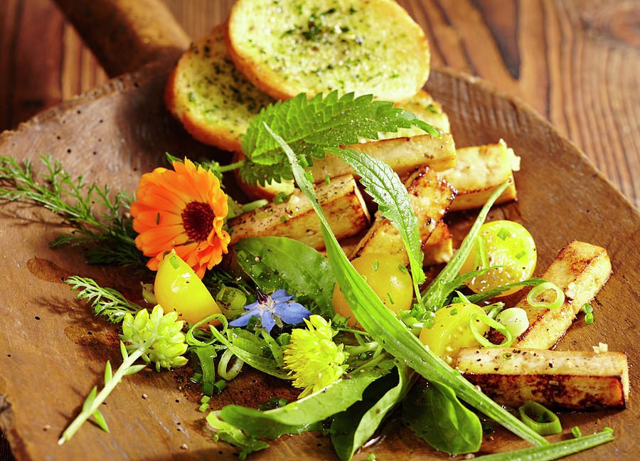 Wild Herb Salad With Roasted Tofu, Yellow Tomatoes And A Herb Baguette Photograph by Teubner Foodfoto