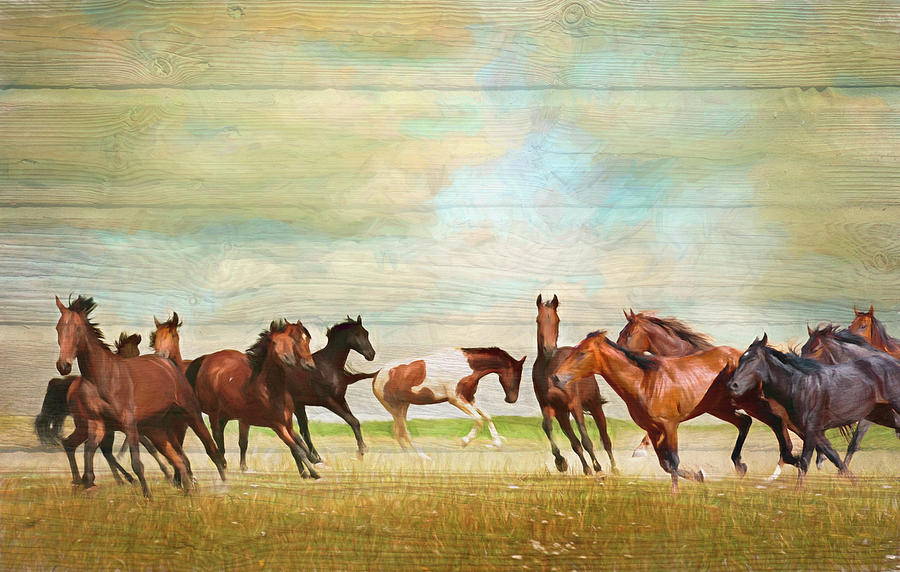 Wild Horses Painting in Wood Textures  Digital Art by Debra and Dave Vanderlaan