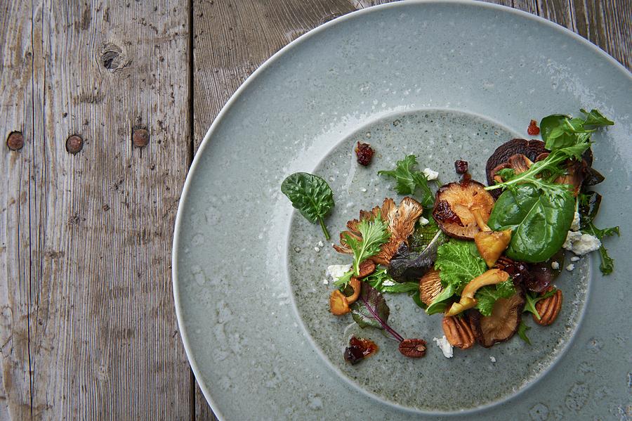 Wild Mushroom Salad With Winter Vegetables, Goats Cheese, Pecan Nuts And Bacon Vinaigrette Photograph by Greg Rannells