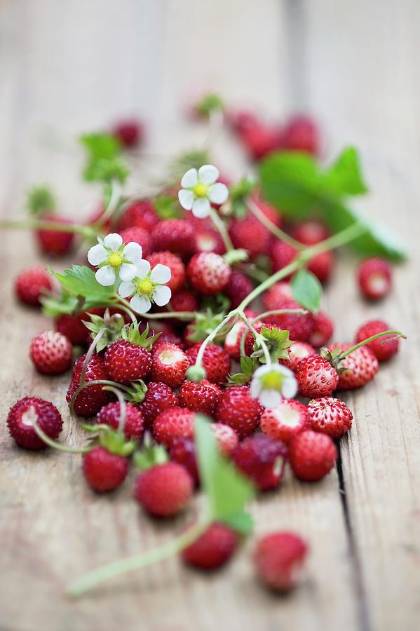 Wild Strawberries With Leaves And Flowers On A Wooden Surface Photograph by Achim Sass