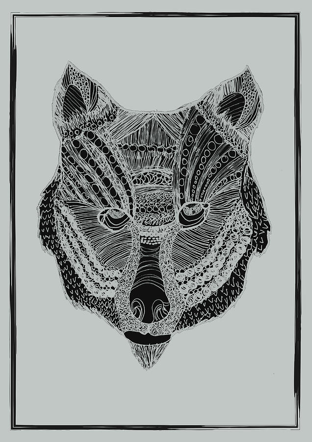 Wild Wolf Mandala Portrait Black Stroke Drawing Mixed Media by Emily