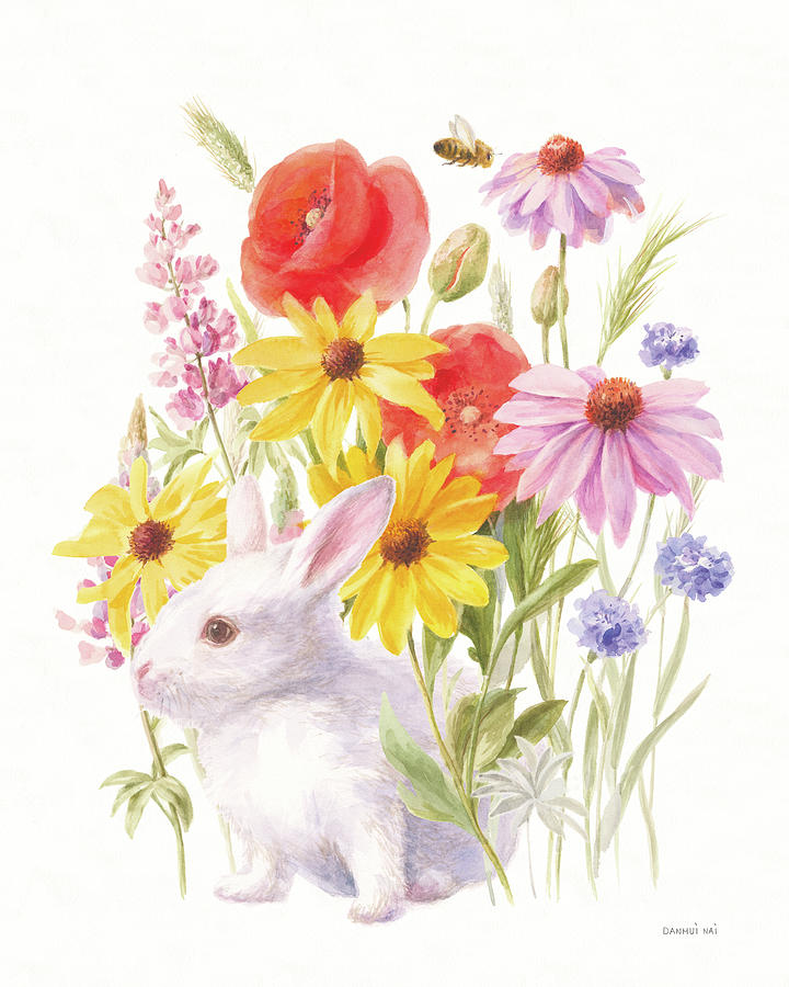 Animal Painting - Wildflowers In Bloom V Bunny by Danhui Nai