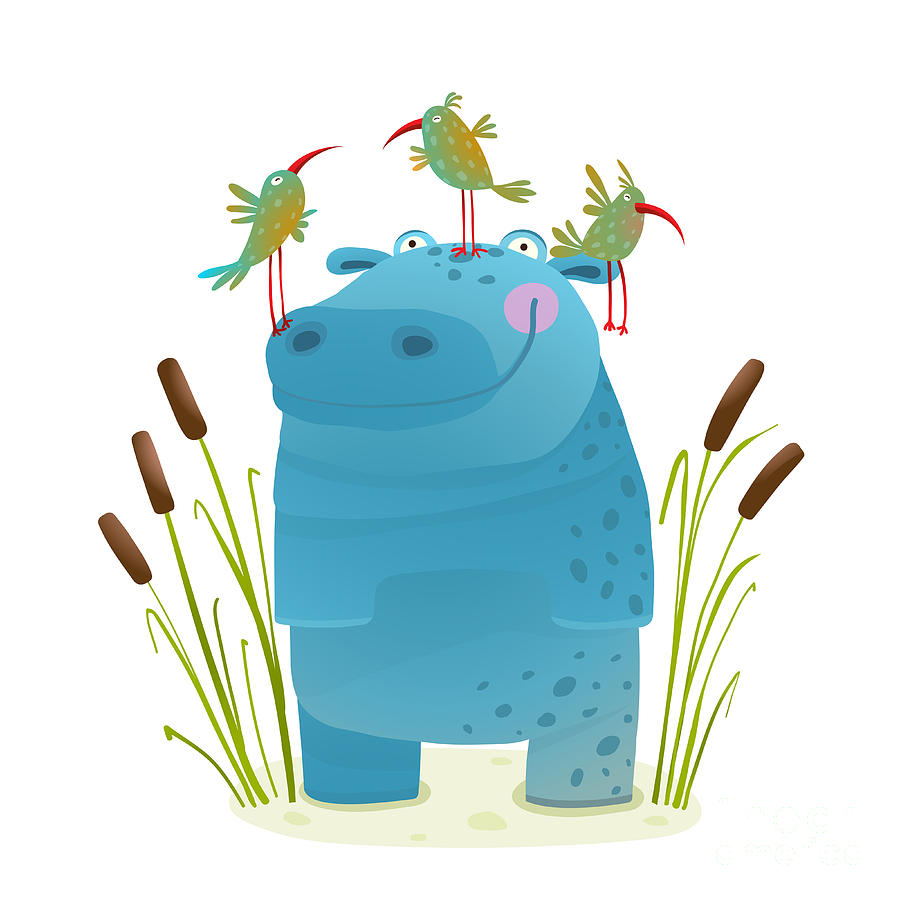 Pink Digital Art - Wildlife Hippo With Cute Birds Smiling by Popmarleo Pink Digital Art - Wildlife Hippo With Cute Birds Smiling by Popmarleo