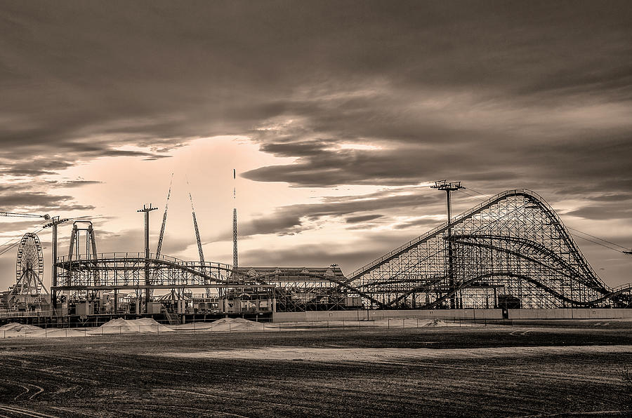 Wildwood in  Sepia - Great White Roller Coaster Photograph by Bill Cannon