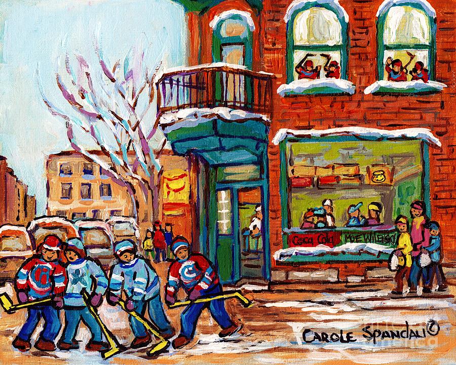 Wilensky Winter Scene Street Hockey Painting Montreal Deli Sandwich Shop C Spandau Plateau Artist    Painting by Carole Spandau