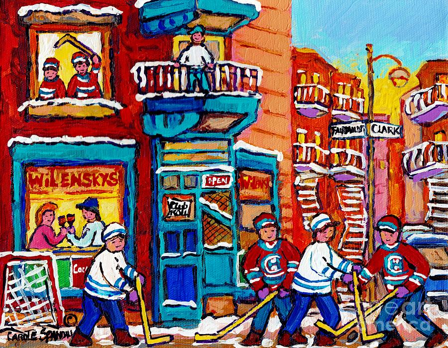 Wilensky Winter Wonderland Fairmount And Clark Street Hockey Scene Montreal Paintings C Spandau      Painting by Carole Spandau