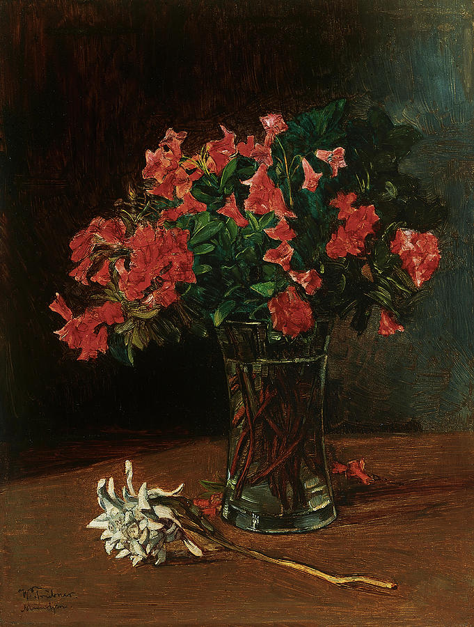 Wilhelm Trubner -Heidelberg, 1851-Karlsruhe, 1917-. Flower Vase -s.f-. Oil on panel. 30 x 22.5 cm. Painting by Wilhelm Truebner -1851-1917-